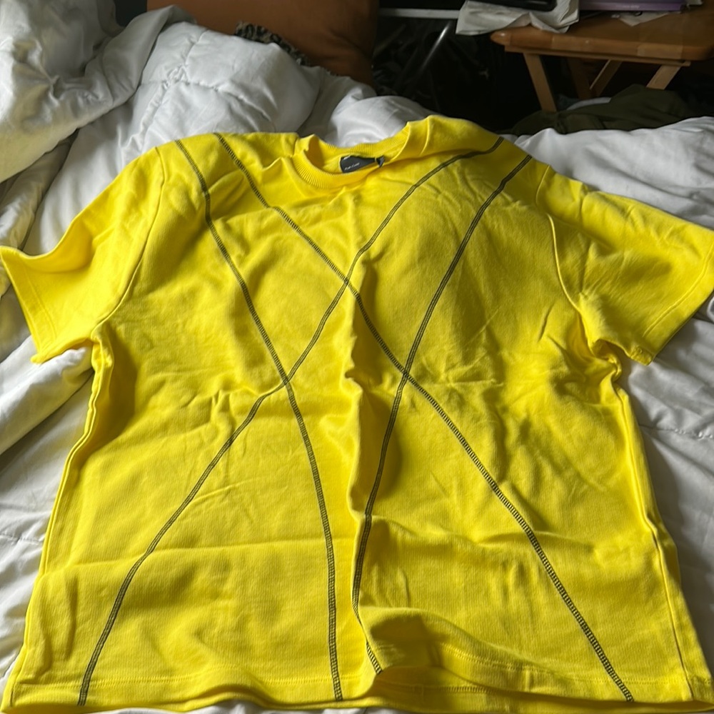 Never worn ASOS thick yellow short sleeve shirt with black stitching